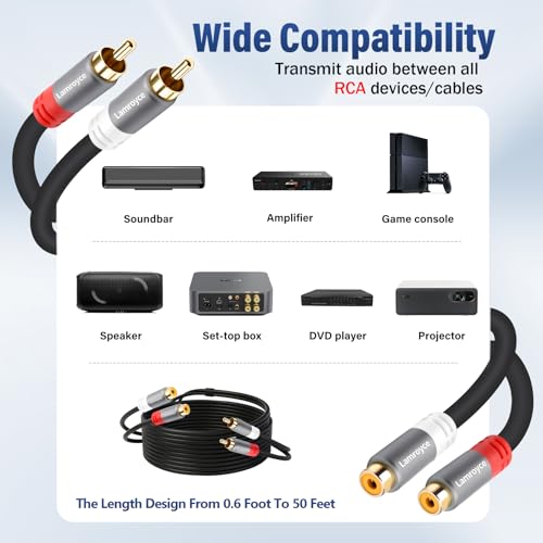 2 RCA Extension Cable 40 Feet, Dual 2RCA Male to 2 RCA Female Stereo Audio Video Subwoofer Car Audio Extender Cable Heavy Duty Connector Adapter for Home Theater, Hi-Fi System, Amplifier, Speaker - style: 40 Feet