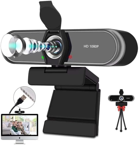 1080P Full HD Webcam with Microphone, 110° Wide Angle, Autofocus, USB Plug and Play, for Video Conferencing, Streaming, with Tripod