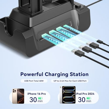 KDD Charging Station for Multiple Devices - 4 Ports Charging Dock with Controller and Headset Stand - 3 USB A & 1 USB C for Cellphone Tablet and Other Electronic - Multi Storage for Gaming Accessories