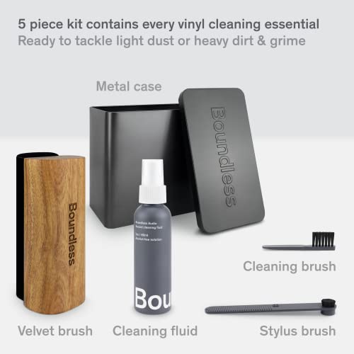 Boundless Audio Vinyl Record Cleaning Kit - 5-in-1 Brushes, Solution & Case | Velvet Record Brush, Carbon Fiber Stylus Cleaner, 2oz Cleaning Solution, Nylon Brush & Metal Storage Case - For Cleaning/Care