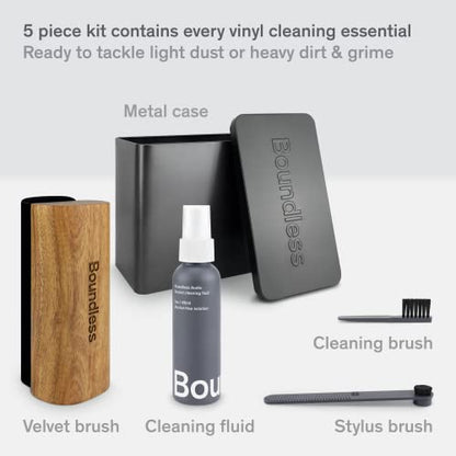 Boundless Audio Vinyl Record Cleaning Kit - 5-in-1 Brushes, Solution & Case | Velvet Record Brush, Carbon Fiber Stylus Cleaner, 2oz Cleaning Solution, Nylon Brush & Metal Storage Case - For Cleaning/Care