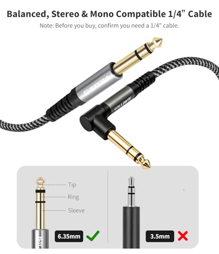 2-Pack 1/4 Inch TRS Cable Right Angle to Straight,3.3FT, 6.35mm Balanced 1/4 Audio Cable for Electric Guitar Bass Keyboard Mixer Amplifier Speaker - color: 3Ft