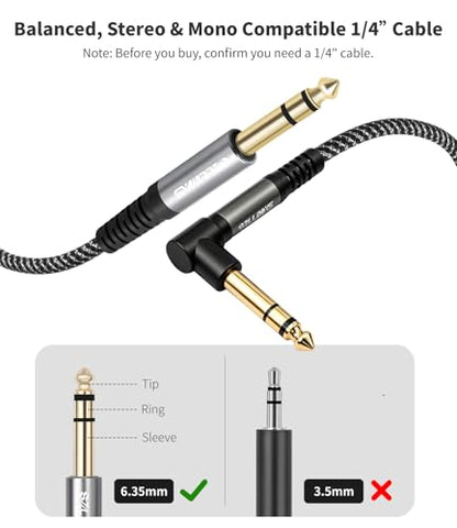 2-Pack 1/4 Inch TRS Cable Right Angle to Straight,3.3FT, 6.35mm Balanced 1/4 Audio Cable for Electric Guitar Bass Keyboard Mixer Amplifier Speaker - color: 3Ft