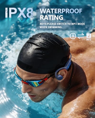 Swimming Headphones Bone Conduction Bluetooth 6.0 IPX8 Waterproof 32G MP3 | Open-ear comfort,clear audio in water,phone-free playlists,secure fit with caps and goggles,stable above-water pairing - color: Navy blue