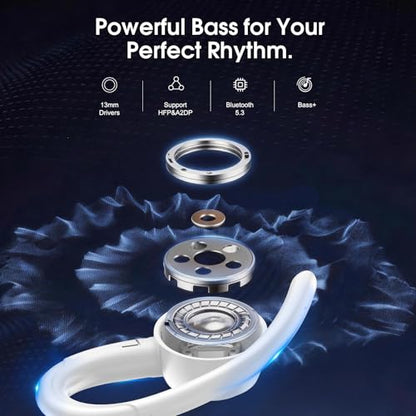 Wireless Sports Earbuds with Earhook, 48H Deep Bass/ENC Mic Ear Buds White | Wireless Earphone with LED Display, Bluetooth 5.3 Headphones In Ear, IPX7 Waterproof Over Ear Buds for Running/Workout - color: White