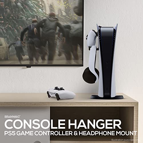 PS5 Game Controller & Headphone Hanger Console Mount for PlayStation PS5 DualSense Gamepad, Hook-On Hanger Bracket - Black