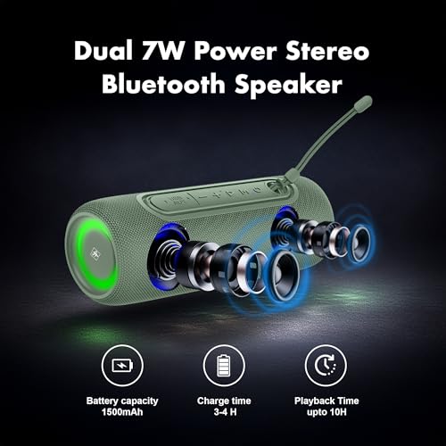 Fisher Portable Bluetooth Speakers IPX5 Waterproof Speaker, 14W Peak Power | Stereo Bluetooth Speaker, RGB Lights, TWS, BT 5.3, Built-in Mic, Hands Free Calling Speakers Bluetooth Wireless, Use Anywhere - color: Green