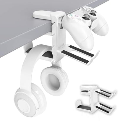 Rotating Headphone Stand with 360° Swivel - Adjustable Clamp-on Under Desk Headset Holder, Universal Gaming & Office Headphone Hanger (White) - color: White