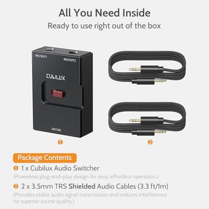 3.5mm Audio Selector, Bidirectional 2-In-1-Out or 1-In-2-Out 1/8-in TRS Headphone Switcher, Ultra-Compact Aluminum Case Passive Toggle A/B AUX Switch Box for PC