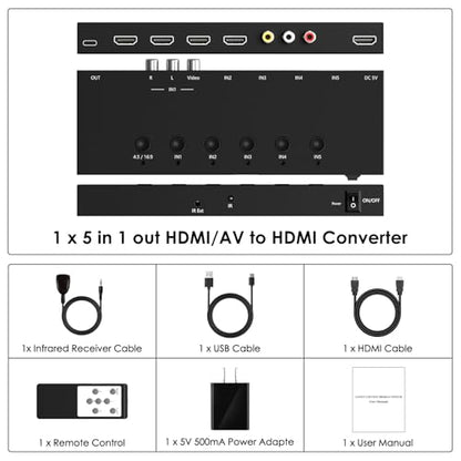 5 in 1 Out HDMI/AV Switch, 4K-HD MI+1AV to HDMI Converter Support HDR & HDCP 2.2 & Full 3D with IR Remote Control Compatible with Sega/Xbox/PS1/PS2/Nintendo Switch,Xbox,PS5/PS4,Roku,Apple TV - size: 1AV+4HDMI to HDMI Converter