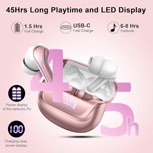 Wireless Earbuds, Bluetooth 5.4 Headphones, in-Ear Earphones with 4 ENC Mics Deep Bass Stereo, 40H Playtime LED Display Mini Charging Case Ear Buds, IP7 Waterproof Wireless Headphones for Android iOS - color: Pink Gold