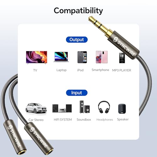SYNCWIRE Headphone Splitter, 3.5mm Male to 2 Female Y Cable, Gold Brown | Nylon-braided Cable Delivers Hi-Fi Stereo Sound for Apple, Samsung, tablets and more, Audio only; Microphone not Supported - color: Gold Brown