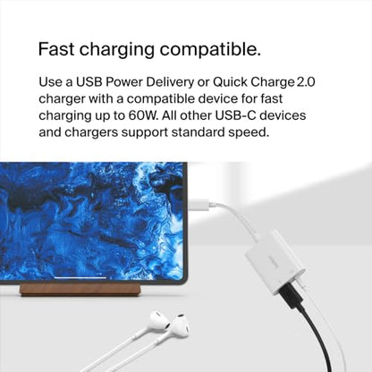 Belkin Rockstar 3.5mm Audio Adapter with USB-C Charge, White | Headphone jack plus USB-C charging pass-through, compatible with iPad Pro, Galaxy, Pixel, LG, Sony Xperia, OnePlus - color: White, size: USB-C, style: 3.5MM AUX Audio + USB-C Charge