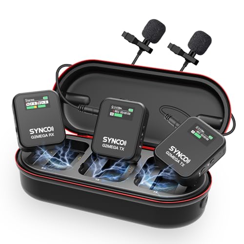 SYNCO Wireless Microphone System with Charging Case, G2A2 MEGA Dual Transmitter 8GB Storage of 24H 656ft Video Recording Streaming for Camera/Phone/PC/Laptop, Wireless-Lav-Mic-for-Camera | 24Bit Dual Channel Professional Mic for Creators, Noise Canceling