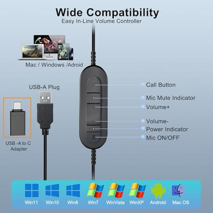 Single Side USB Computer Headset with Noise-Cancelling Mic for PC, Laptop, 1 Ear Office Call Center USB-A Headphone with In-Line Control for Dragon Dictation, Skype, Teams, Zoom Conference Call - color: S-805SUC