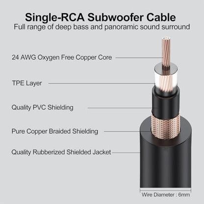 Subwoofer Cable 10 ft, Single RCA Coaxial Cord, Dual Shielded, Gold-Plated | Deep Bass for Subwoofer AV Receiver and more