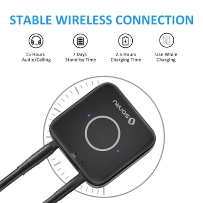 Bluetooth 5.3 Adapter Hi-Fi Equipment for Car Wireless Audio Receiver with 3.5mm AUX RCA Cable, Noise Cancellation, Dual AUX Outputs for Home Speakers Wired Headphones