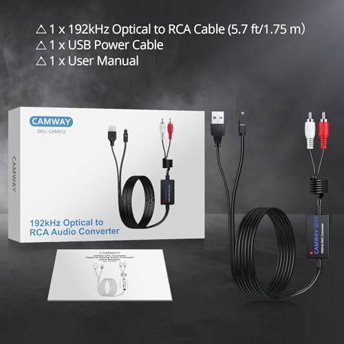 CAMWAY Digital to Analog Audio Converter,Optical to RCA Converter,SPDIF to RCA,192kHz DAC Converters 5.7 ft Audio Cable,Optical Toslink to RCAAudio Adapter