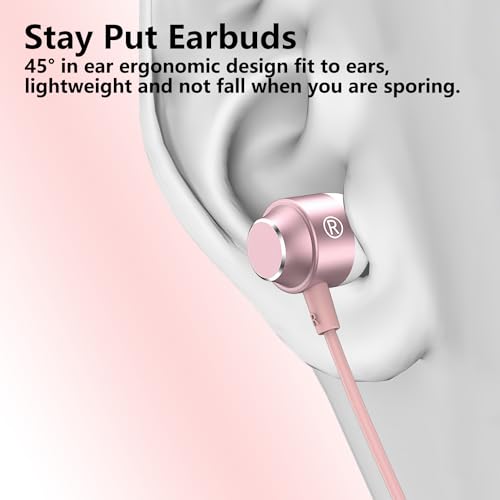 USB C Earbuds Rose Gold, Type C in Ear Headphones Wired, Stereo Bass Pink Earphones with Micphone and Volume Control Compatible with iPhone 15 Samsung Google Pixel Smart Phones