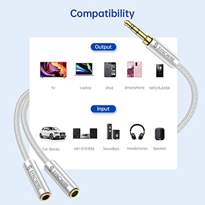 SYNCWIRE Headphone Splitter, 3.5mm Male to 2 Female Y Cable, Silver | Nylon-braided Extension Cable Audio Y Splitter (Hi-Fi Sound), Headset Splitter for Apple, Samsung, Tablets & More (No Mic) - color: Silver