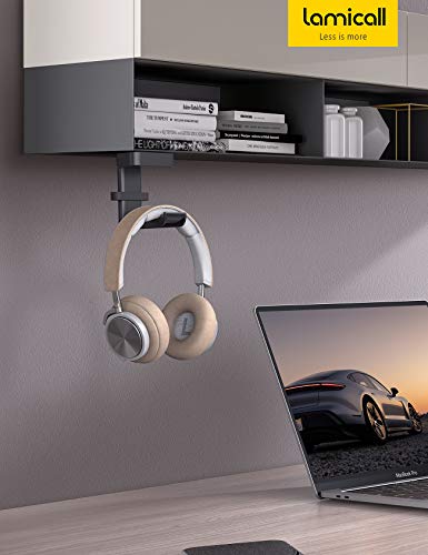 Lamicall Headphone Stand Adhesive Rotatable Headset Earphone Hanger Hook | 360° Rotation Earphone Holder, Cable Organizer Headphone Stand, for All Headset Gaming HyperX, Razer, Sony, Senn heiser - color: Black
