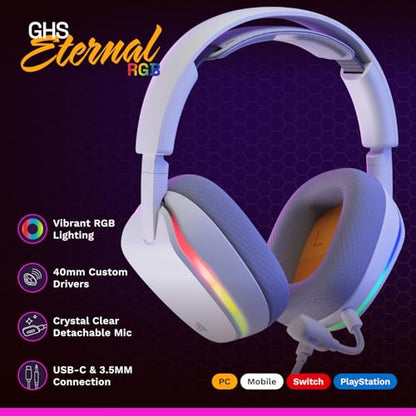 GLORIOUS GHS Eternal RGB - Stereo RGB Gaming Headset for PC, PS5, PS4, Switch - Custom Tuned Angled Drivers, Adjustable Crystal Clear Detachable Mic, USB-C - Durable, All Day/Night Comfort - White - color: White RGB