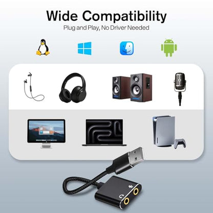 USB to 3.5mm Audio Adapter, External Sound Card with Headphone, Microphone Jack for Windows, Mac, Linux, PS4, PS5(Black) - color: Black