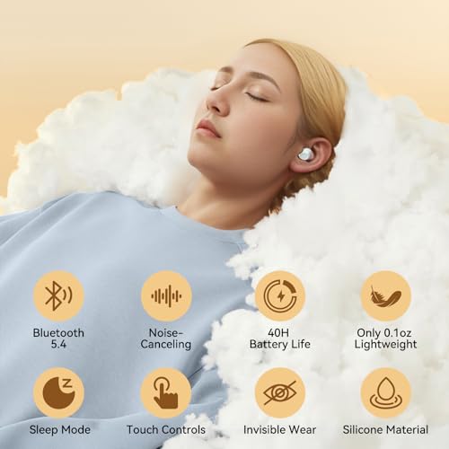 Sleep Earbuds, Sleep Headphones for Side Sleepers, Mini Bluetooth 5.4 Wireless Earbuds, Ultra-Soft Silicone Invisible Earphones for Sleeping, Noise Cancelling Earbuds with Long Battery Life (White)