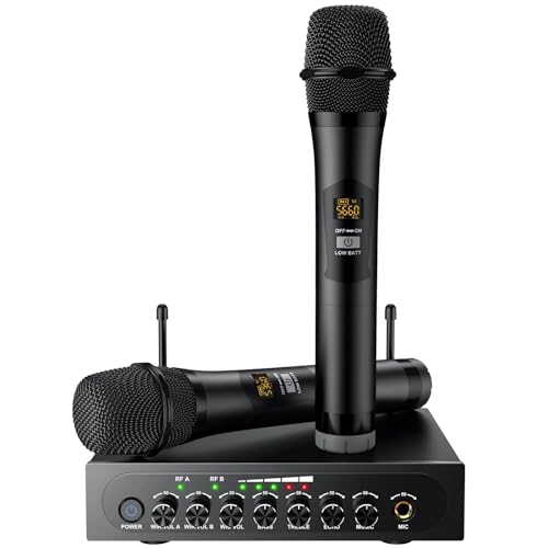 PROZOR UHF Wireless Microphone with Volume Treble Bass Echo Control, Wireless Rechargeable Mic Dual Handheld Dynamic Mic System (Bluetooth UHF Base Station – Echo/Treble/Bass Control) - style: Base Station Bluetooth UHF Mic – Echo Control
