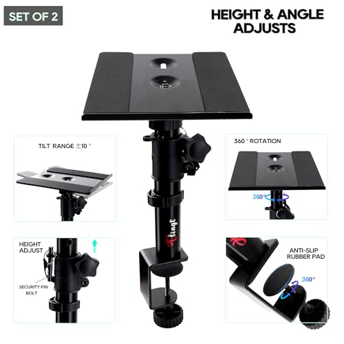 Tlingt Clamp-on Desktop Speaker Stand Pair, Height & Tilt Adjusts | Heavy-duty 6.7"x7.9" Metal Tray, ±10° Tilt, Desk Mount Set, Fits 3"-4" Monitor & Bookshelf Speakers - size: For 3"- 4" Speaker