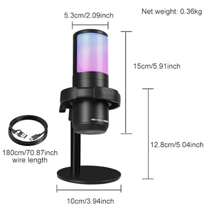Gaming Mic for PC & PS5, RGB USB Streaming Microphone with Quick Mute