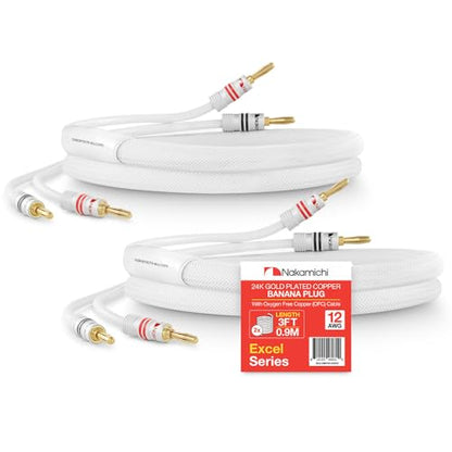 Nakamichi 24k Gold Plated Banana Plugs Speaker Cables 99.9% OFC (3 Feet) | Oxygen-Free Copper, Excel Series, Amplifier Heavy Duty Braided In-Wall CL2 Rated Wires - White (12AWG / 3ft / 0.9m) 2-Pack - color: White, size: 12 AWG (3-Feet)