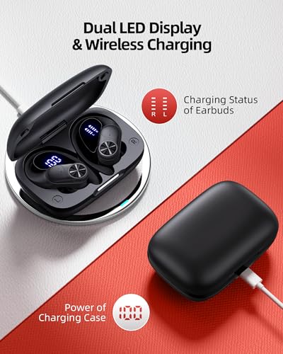 PocBuds Bluetooth Headphones Wireless Earbuds 80hrs Playtime Wireless Charging Case Digital Display Sports Ear Buds with Earhook Deep Bass IPX7 Waterproof Over-Ear Earphones for TV Phone Laptop Black - color: Black, style: Game Buds Pro