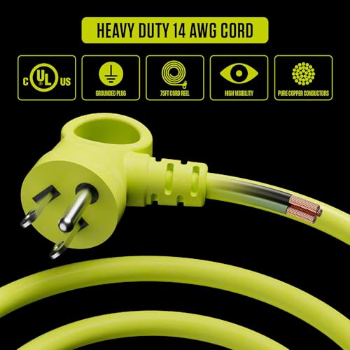 Masterplug 75ft Cord Reel, Retractable Extension Lead with Winding Handle, Safety Overload Circuit Breaker and Power Switch, 4x Grounded Outlets, 2x USB Ports, 13amps, 14AWG Cable - size: 75ft, style: 14 AWG