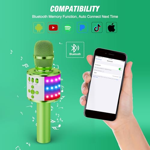 BONAOK Karaoke Microphone for Kids & Adults - Bluetooth Microphones Singing Mic with Disco Lights, Echo Effect, Built-in Speaker Portable Karaoke Player for Party Travel Gifts Q78(Green) - color: Light Green