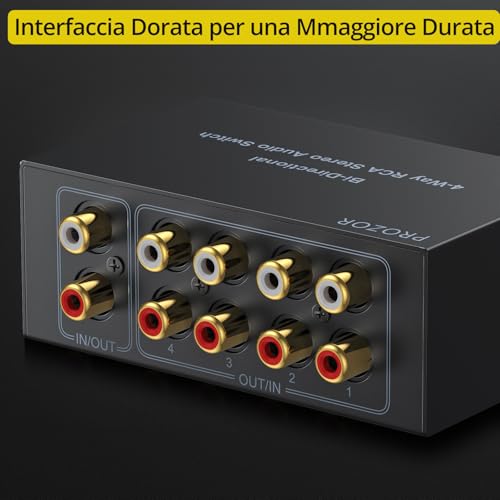 PROZOR RCA Stereo Audio Switcher - 2 in 1 Out R/L Stereo Audio Switch, 1 in 2 Out Stereo Audio Switcher Selector with Mute Button and No External Power Required (Black 4-1) | Bi-directional switcher, gold-plated interface, Includes 1.5m/4.9ft RCA cable fo