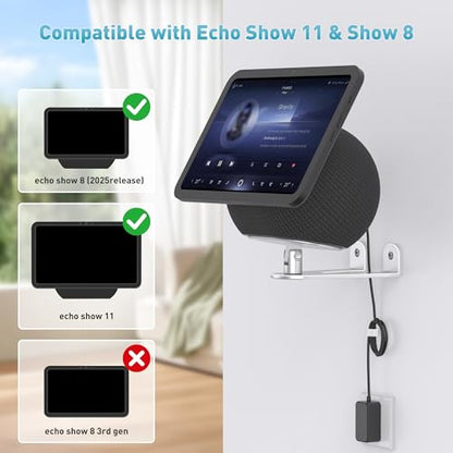 Wall Mount for Echo Show 11 & Show 8 2025, Swivel 360°, Silver | Aluminum, Tilt 20~80°, Easy Install, Durable, Echo Show 11 Wall Mount for Kitchen, Adjustable Echo Show 11 Wall Mount - color: Silver