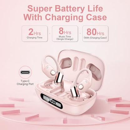 Open Ear Earbuds, Bluetooth 5.3 Wireless Air Conduction Headphones with Mic, LED Display Charging Case&Fast Charging, Ultra-Light Weight, 80H Playtime Earbuds for Work, Sports (Pink) - color: Pink