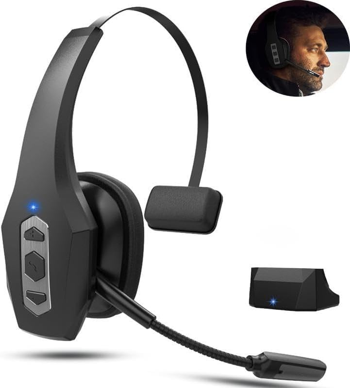 Single Ear Trucker Headset - Wireless Bluetooth 5.3 Headphones w/AI Noise Cancelling Mic, Mute Button, 60H Battery - On Ear Headset for Drivers, Office Work, Call Centers, Cell Phones & Home Use