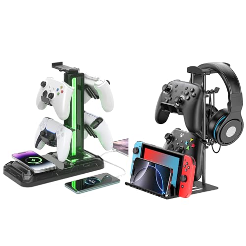 KDD RGB Headphone Controller Stand with Wireless Charging & Desk Aluminum Headphone Stand for Universal Storage