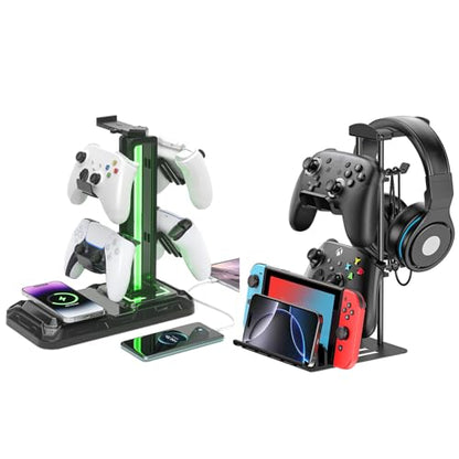 KDD RGB Headphone Controller Stand with Wireless Charging & Desk Aluminum Headphone Stand for Universal Storage