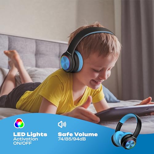 PowerLocus PLED Kids Bluetooth Headphones, Kids Wireless Headphones with LED Lights, 74/85/94dB Safe Volume, Micro SD, AUX Cable, Hi-Fi Stereo, Built-in Mic Over Ear Kid Headphone for Travel/Tablet/PC - color: Black/Blue