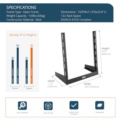 Tecmojo 2 Post 12U Desktop Server Rack Small Open Frame Rack for 19in AV/Data/Audio/Studio Equipment Free Standing Home/Office Rack,Tapped Hole - size: 12U/Tapped Hole