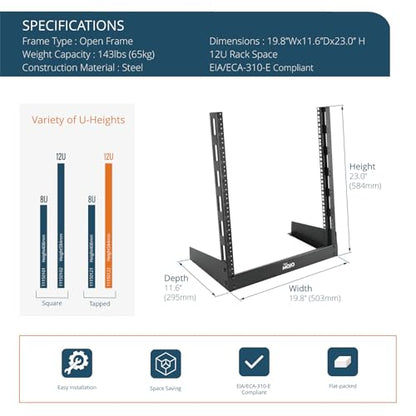 Tecmojo 2 Post 12U Desktop Server Rack Small Open Frame Rack for 19in AV/Data/Audio/Studio Equipment Free Standing Home/Office Rack,Tapped Hole - size: 12U/Tapped Hole