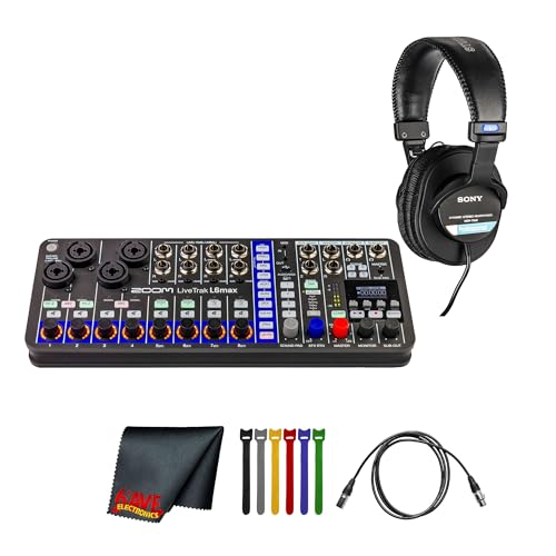 Zoom LiveTrak L-6max 12-Channel Mixer & + MDR-7506 Headphones Bundle | For Music, Podcasting & Live Sound + Battery Charger + XLR Cable + Cleaning Cloth + Wire Straps