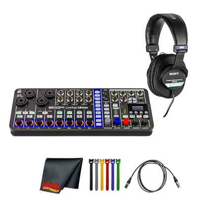 Zoom LiveTrak L-6max 12-Channel Mixer & + MDR-7506 Headphones Bundle | For Music, Podcasting & Live Sound + Battery Charger + XLR Cable + Cleaning Cloth + Wire Straps