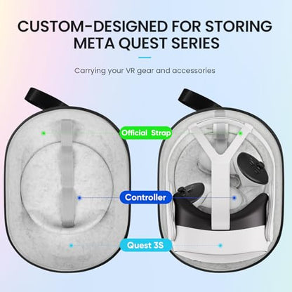 sarlar JGZ Hard Carrying Case for Meta Quest 3/Quest 3S/Oculus Quest 2, Accessories VR Headset with Original Strap, Controllers, Unique Design, Lens Cover, Portable Protection for Travel and Stroage