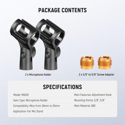 NEEWER BASICS Microphone Holder Accessories Kit 2 Pack, Adjustable Mic Clips with 3/8" to 5/8" Screw Adapters for Universal Wired Wireless Handheld Mics from 28mm to 35mm, MS019