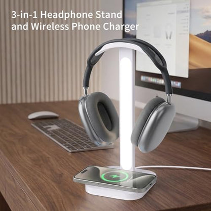 3-in-1 Headphone Stand with Wireless Charging Station and Desk Lamp, Headset Holder with Phone Charger, LED Desk Light for Gaming Setup, Office and Bedroom - color: Black