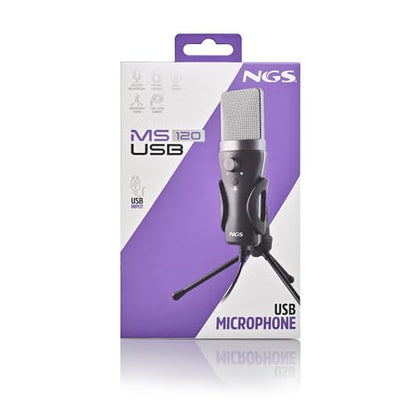 NGS MS120 USB Cardioid Microphone for Streaming, Podcast and Gaming, Latency-Free Monitoring, Volume Control, Mute Button, Plug & Play, for PC, PS4, PS5, Non-Slip Mount